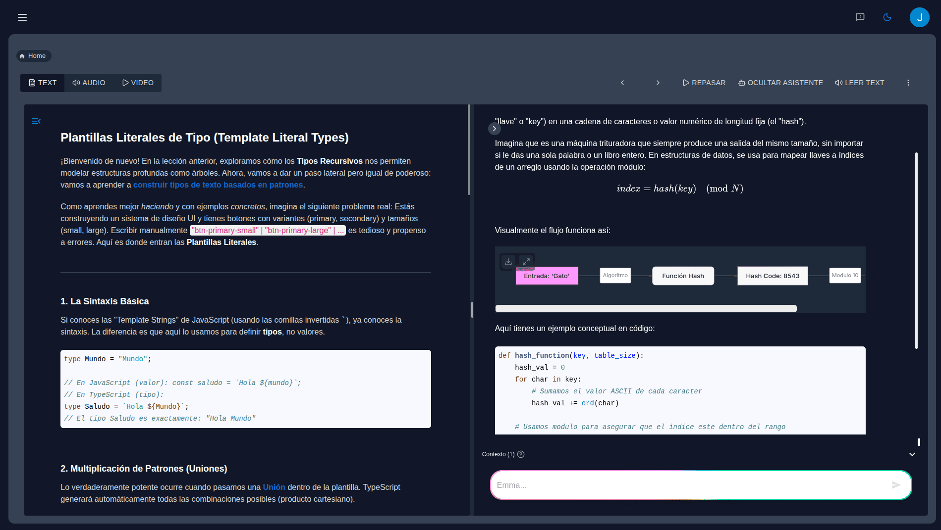 Pluttom lesson interface — AI assistant with code, math formulas and diagrams